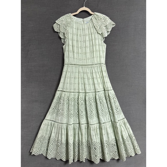 ANTONIO MELANI Dresses & Skirts - Antonio Melani Dress 10 Sage Green Tiered Eyelet Lace Flutter Midi Boho Preppy